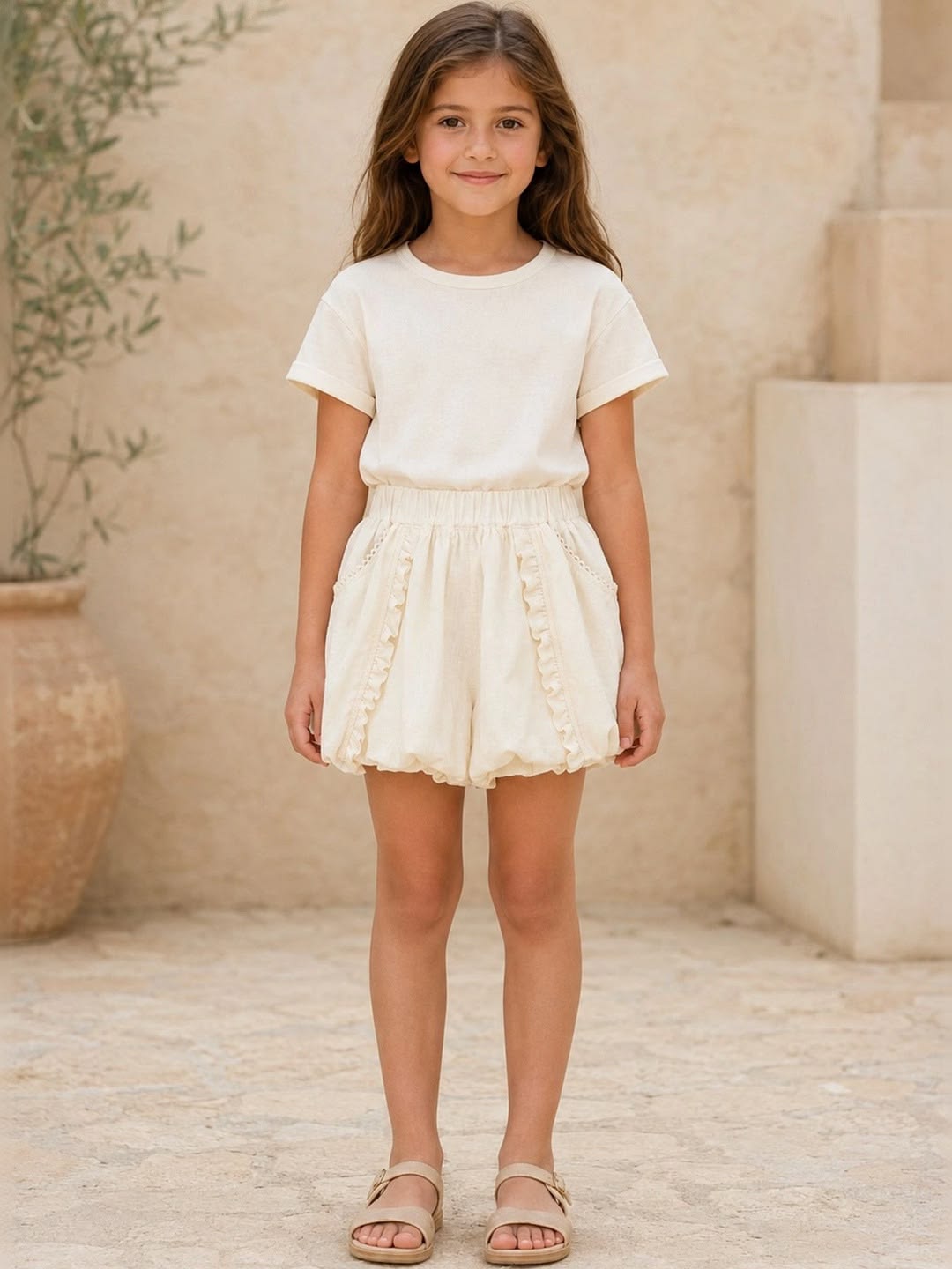 Girls White Ruffle Trim Cotton Shorts