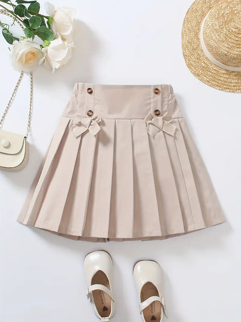 Girls Beige Bow Pleated Skort