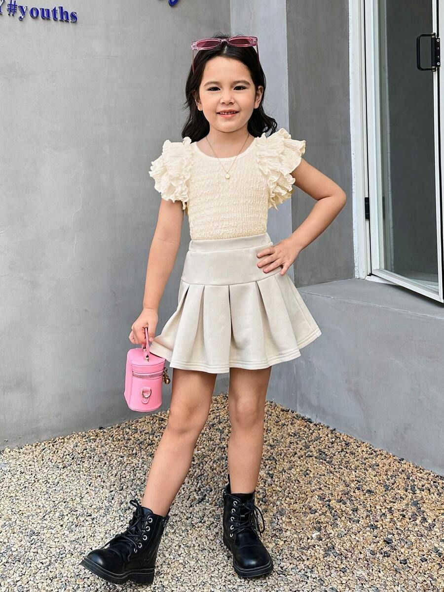 Girls Beige Bow Pleated Skort