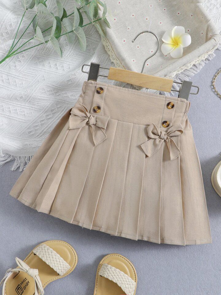 Girls Beige Bow Pleated Skort