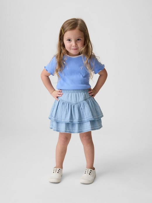 Girls Blue Tiered Denim Skirt Shorts