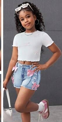 Girls Light Blue Pink Bow Denim Skirt Shorts