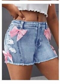 Girls Light Blue Pink Bow Denim Skirt Shorts