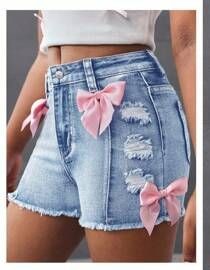 Girls Light Blue Pink Bow Denim Skirt Shorts