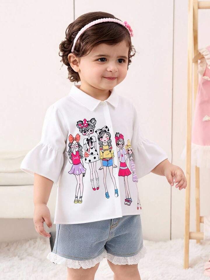 Girls White Ruffle Graphic Shirt
