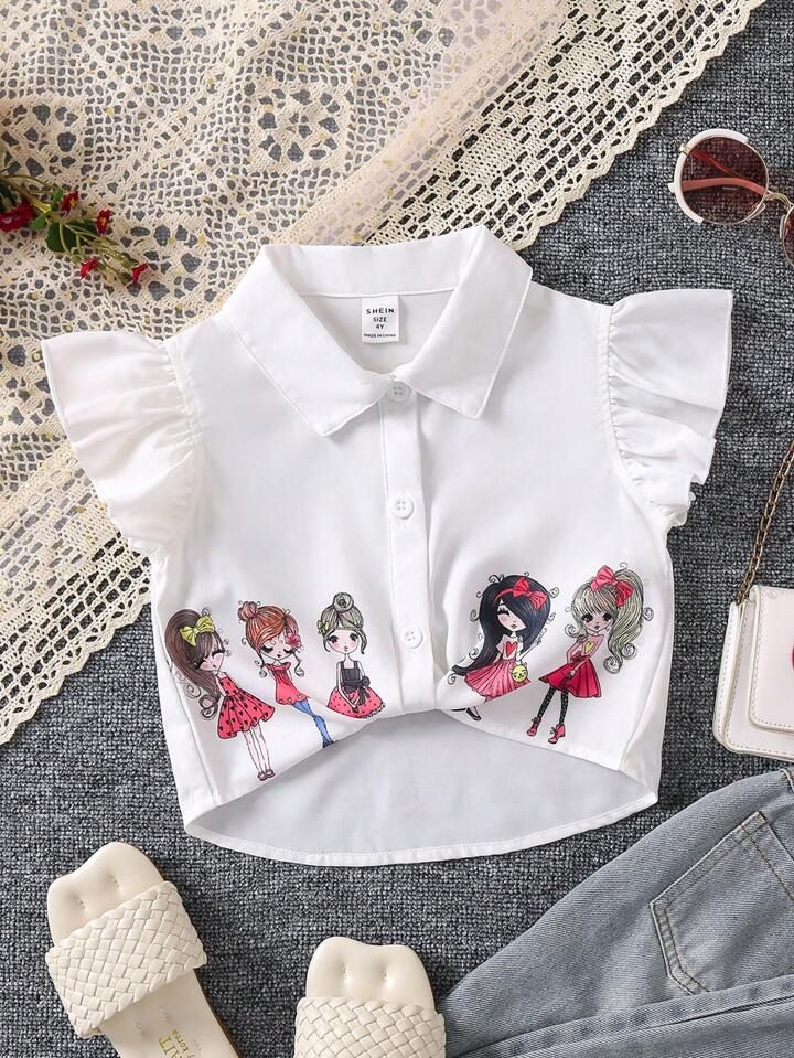 Girls White Ruffle Graphic Shirt