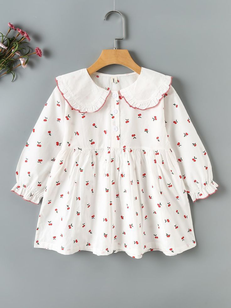 Girls White Cherry Print Ruffle Shirt
