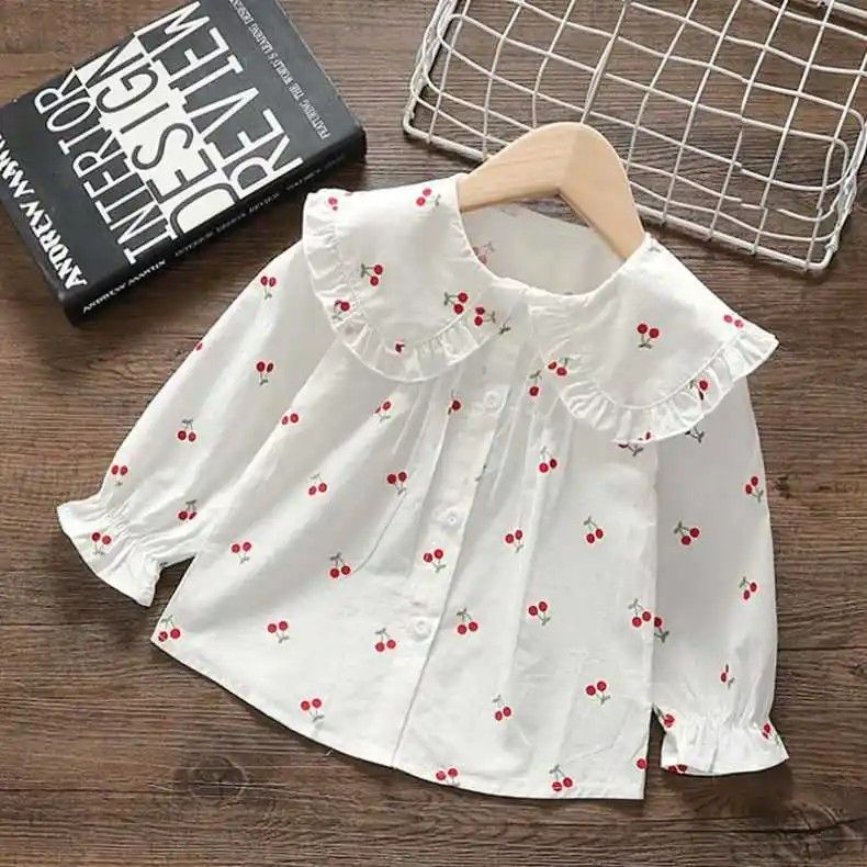 Girls White Cherry Print Ruffle Shirt