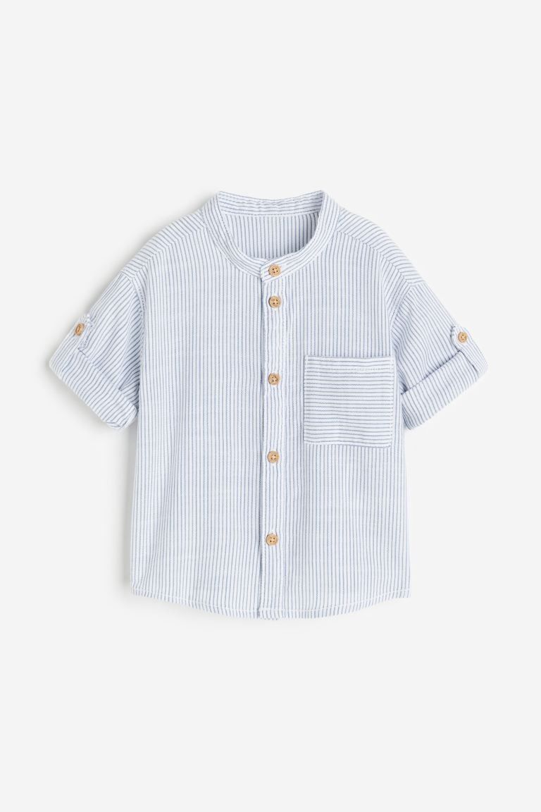 Boys Blue Pinstripe Mandarin Collar Shirt