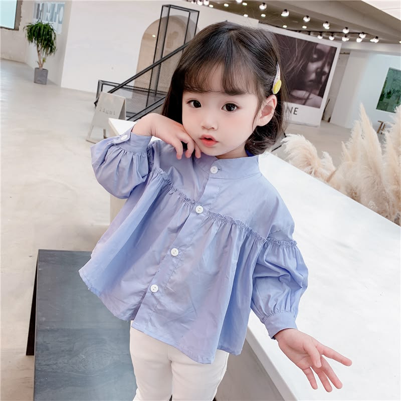 Girls Sky Blue Gathered Long Sleeve Shirt