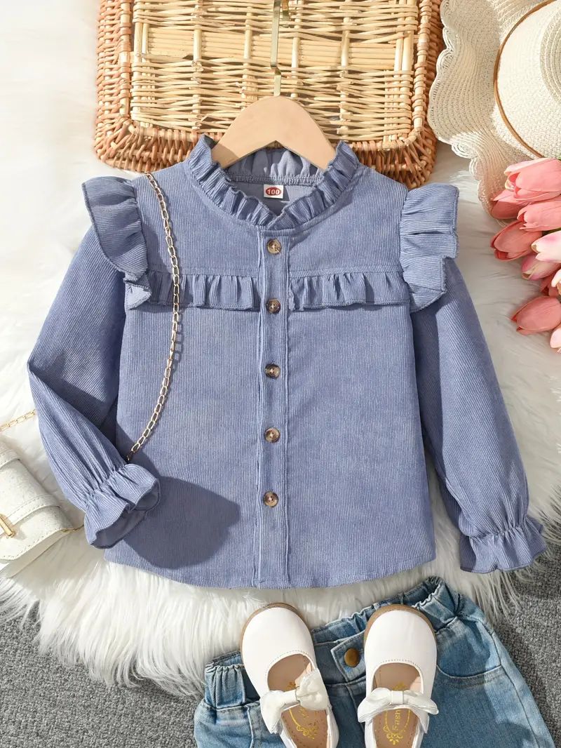 Girls Sky Blue Gathered Long Sleeve Shirt