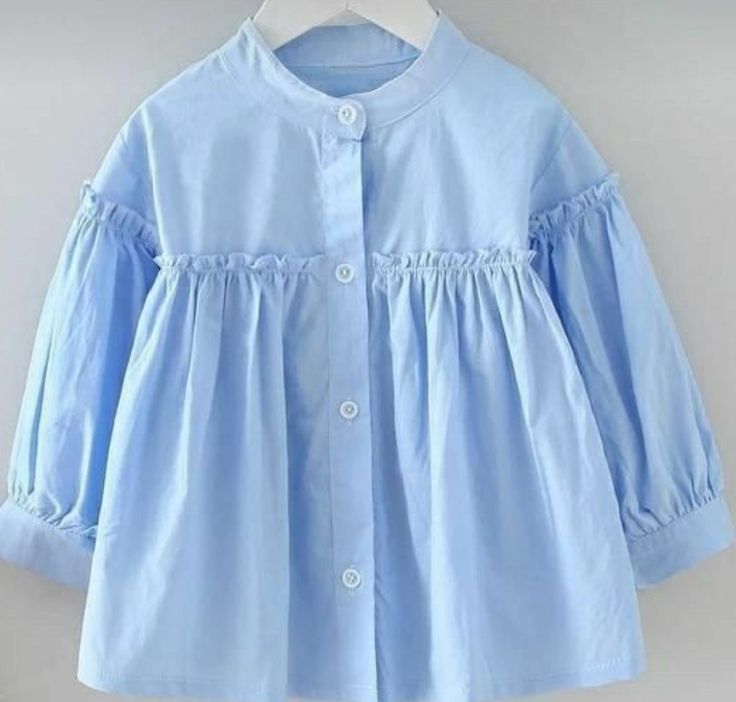 Girls Sky Blue Gathered Long Sleeve Shirt