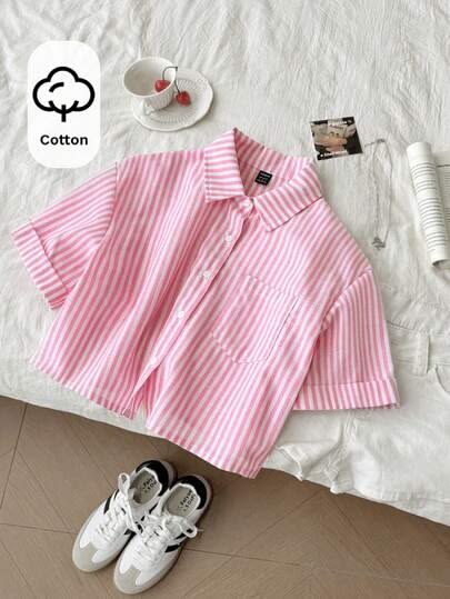 Girls Pink Stripe Tie Hem Shirt