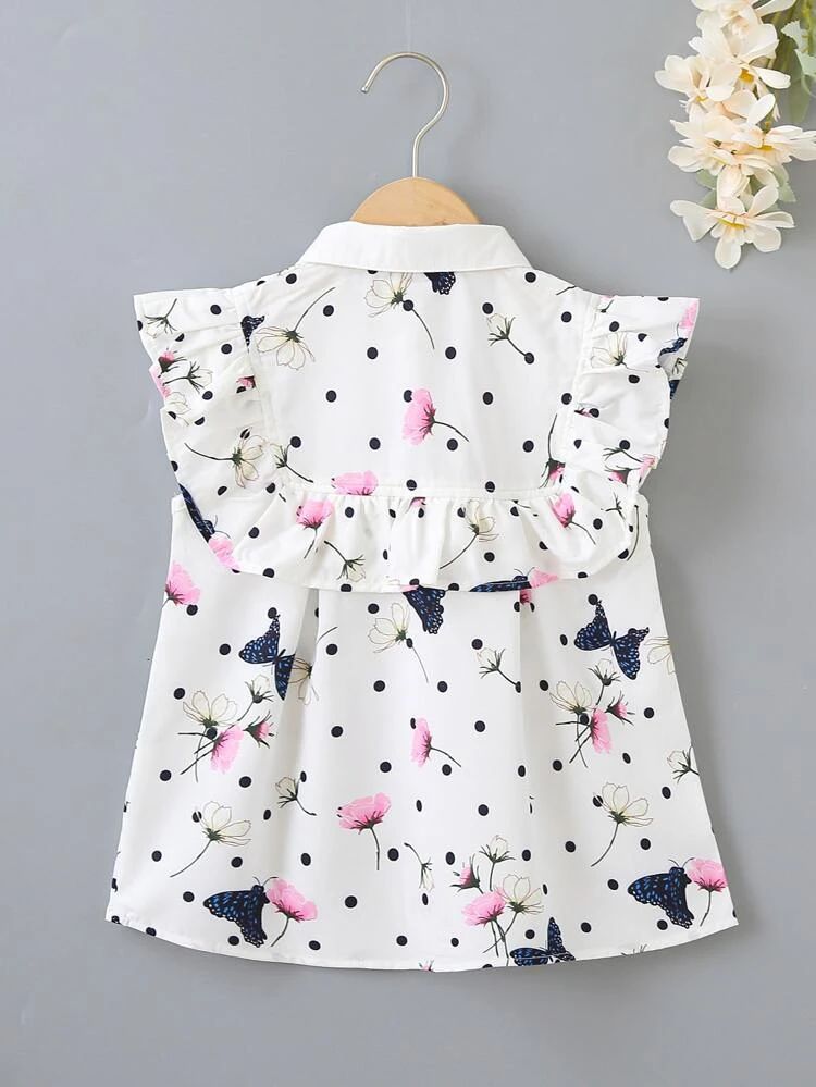 Girls White Butterfly Floral Ruffle Shirt