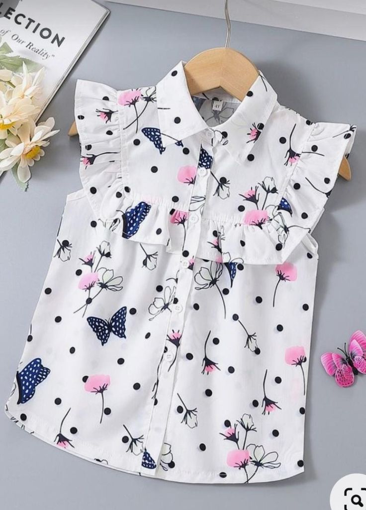 Girls White Butterfly Floral Ruffle Shirt