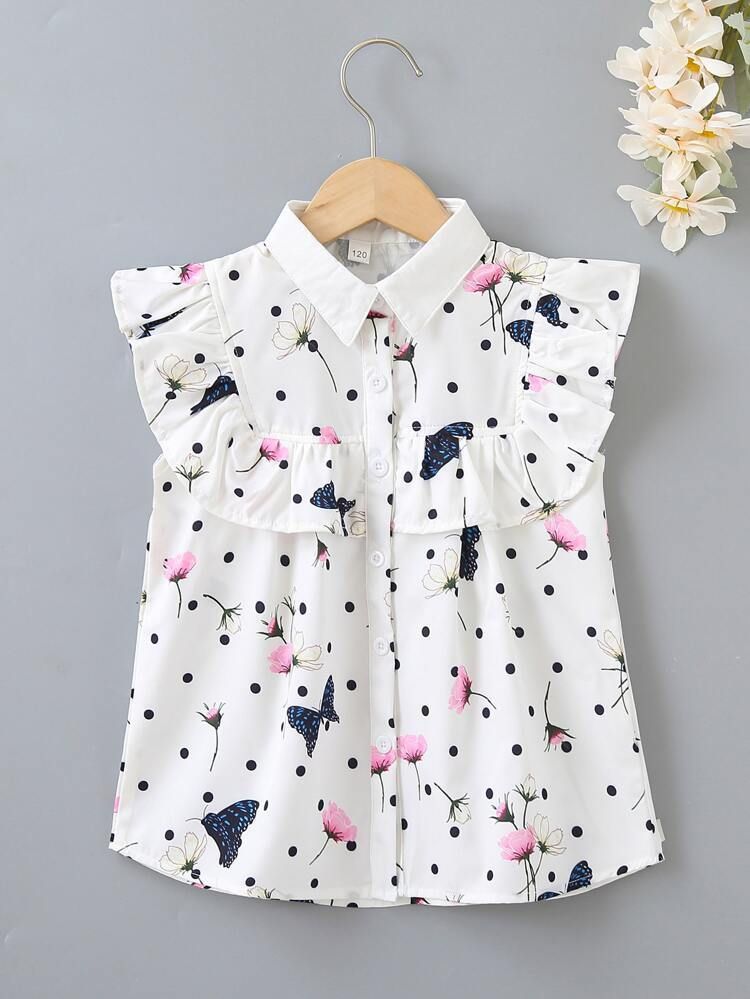 Girls White Butterfly Floral Ruffle Shirt