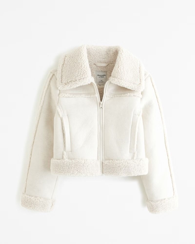 Women Cream Sherpa Collar Cropped Jacket