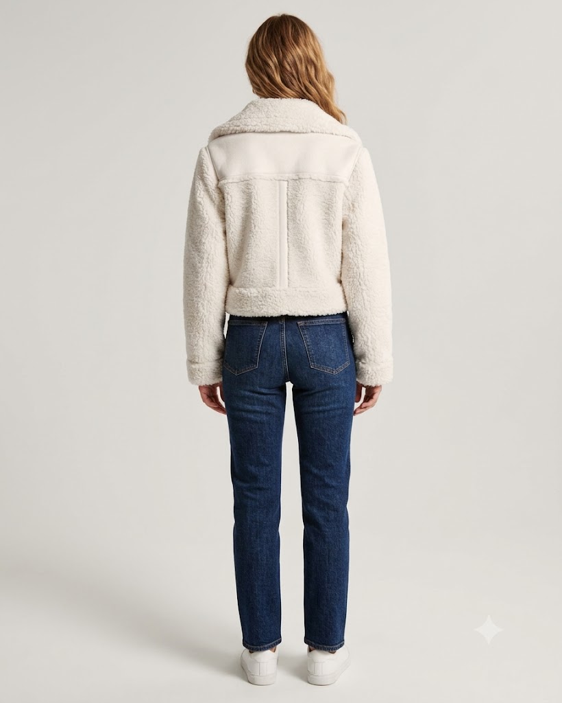 Women Cream Sherpa Collar Cropped Jacket
