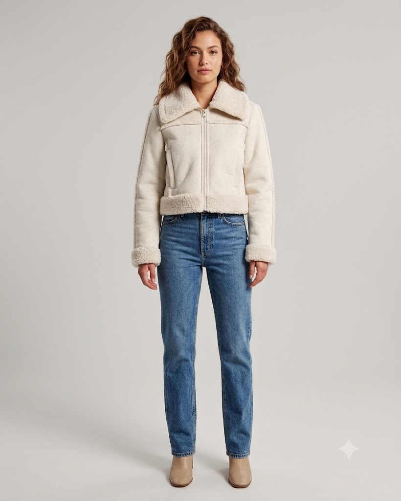 Women Cream Sherpa Collar Cropped Jacket