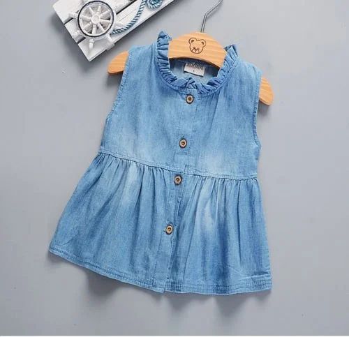 Girls Blue Denim Ruffle Bow Shirt