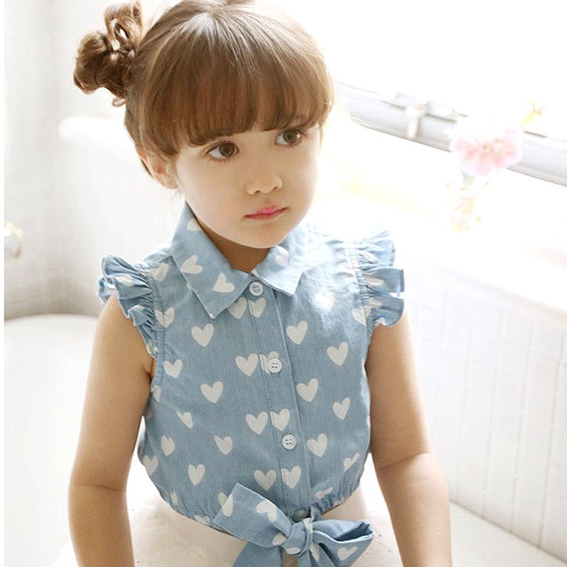 Girls Sky Blue Heart Print Tie Front Shirt