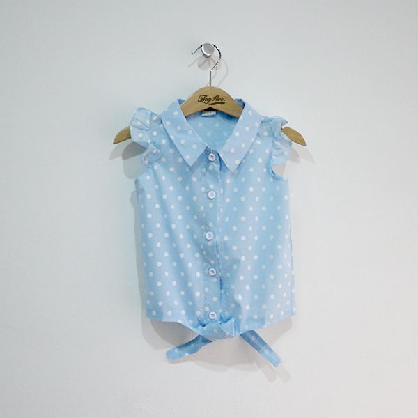Girls Sky Blue Heart Print Tie Front Shirt