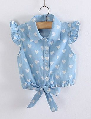 Girls Sky Blue Heart Print Tie Front Shirt