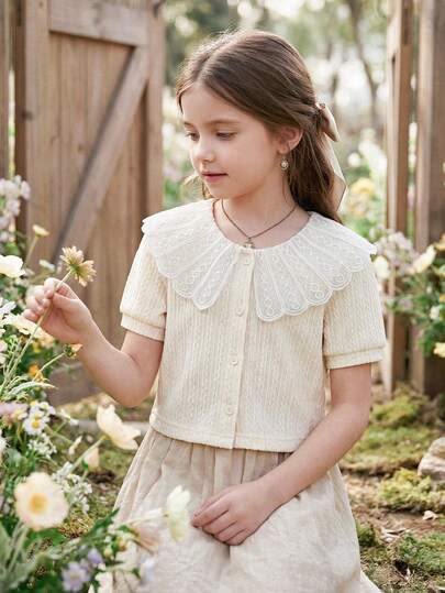 Girls Ivory Lace Collar Long Sleeve Shirt
