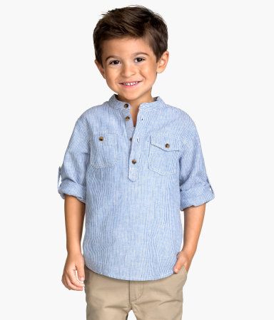 Boys Blue Pinstripe Roll Sleeve Shirt