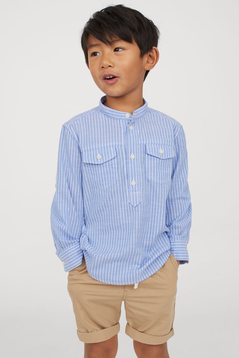 Boys Blue Pinstripe Roll Sleeve Shirt