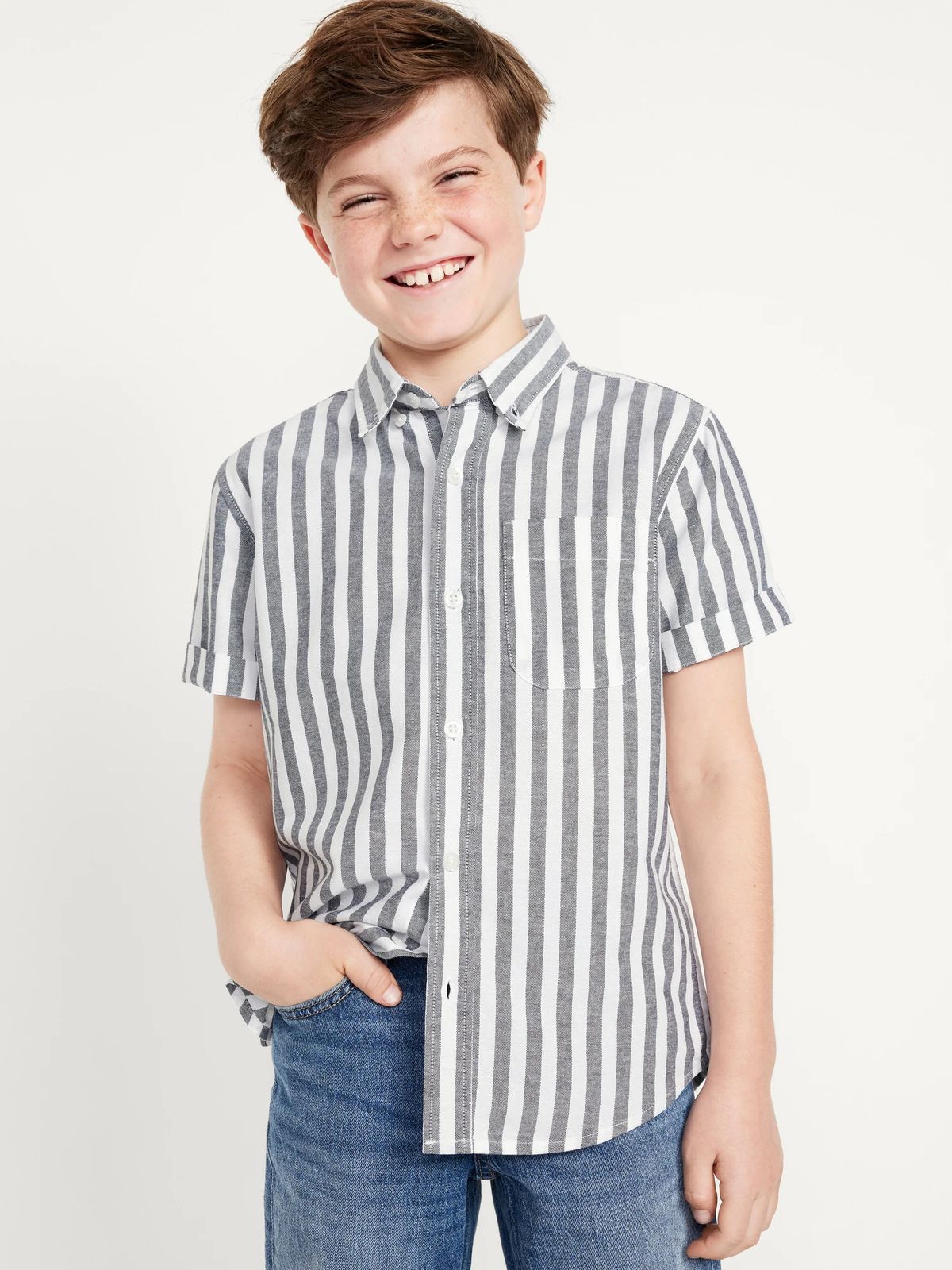 Boys Grey White Stripe Short Sleeve Shirt