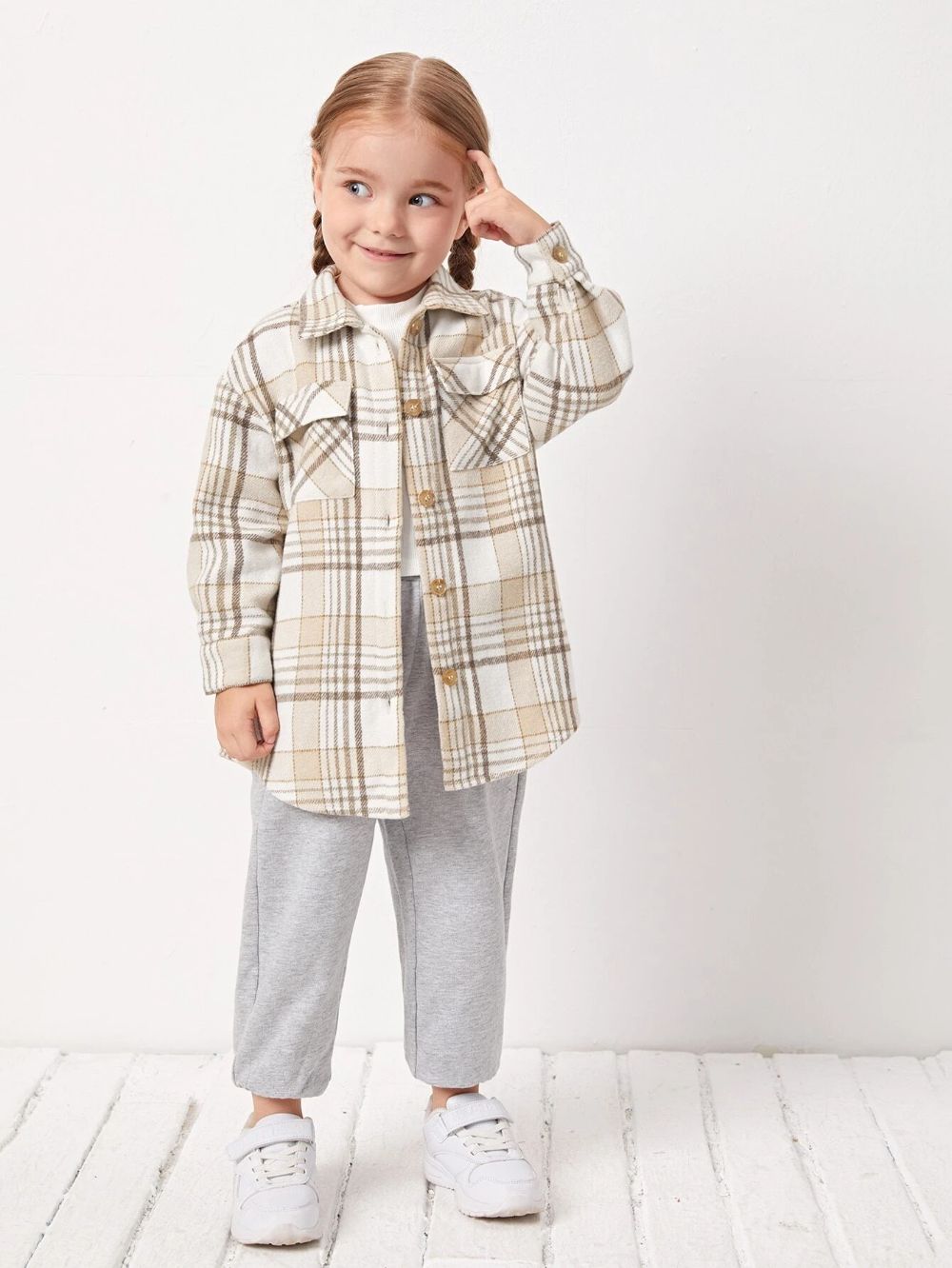 Kids Grey Beige Check Long Sleeve Shirt