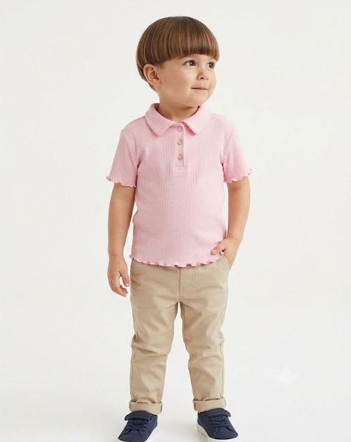 Kids Pink Ribbed Collar T-Shirt