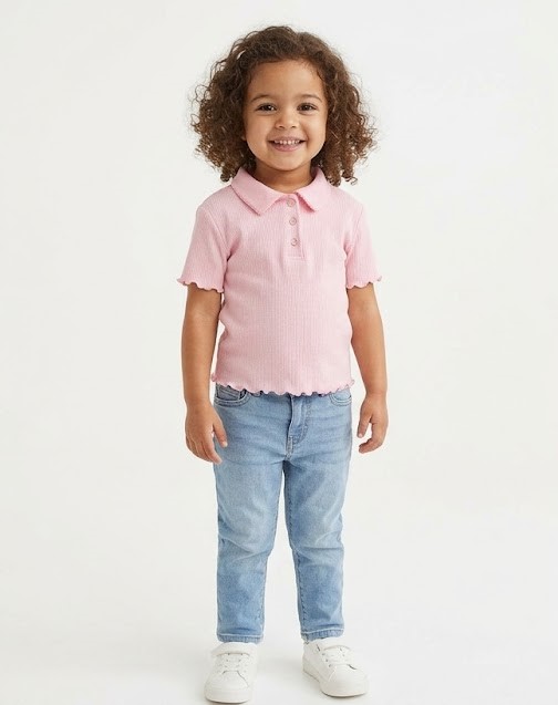 Kids Pink Ribbed Collar T-Shirt