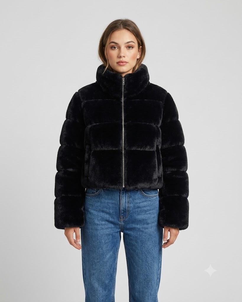 Women Black Faux Fur Puffer Jacket