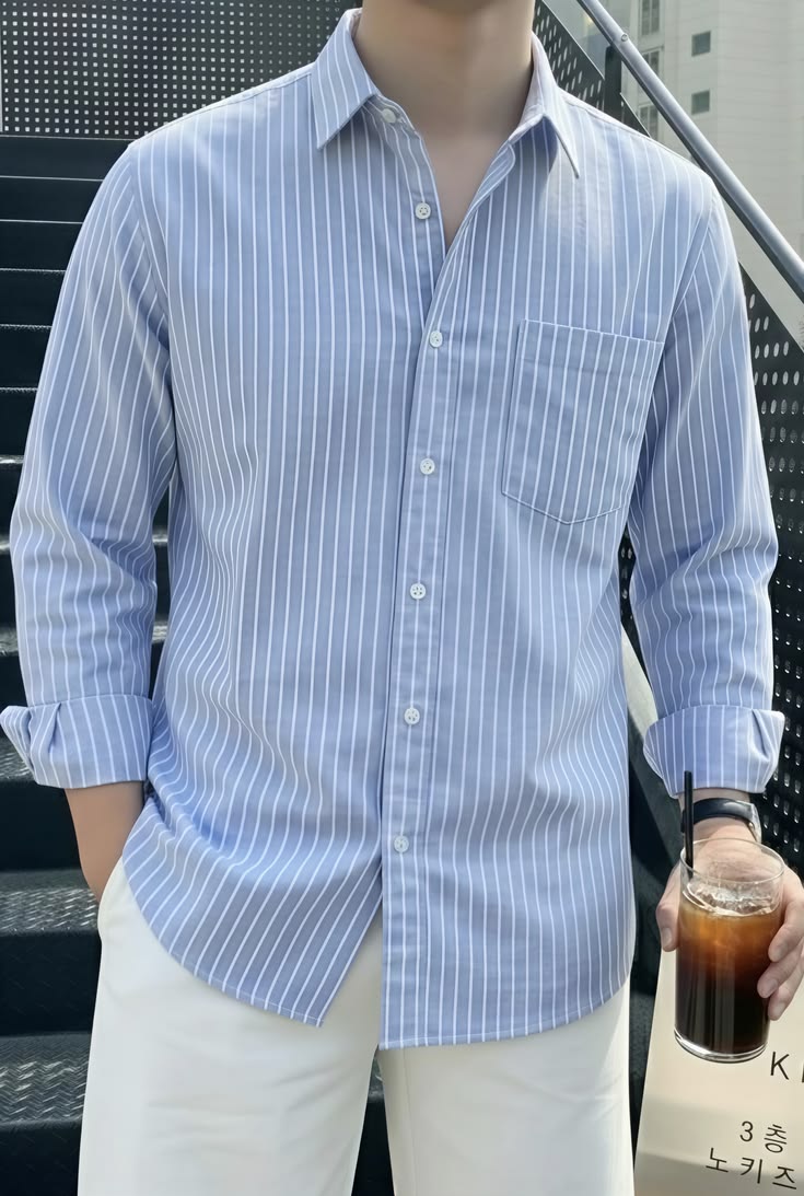 Men's Light Blue Striped Relaxed Casual Shirt