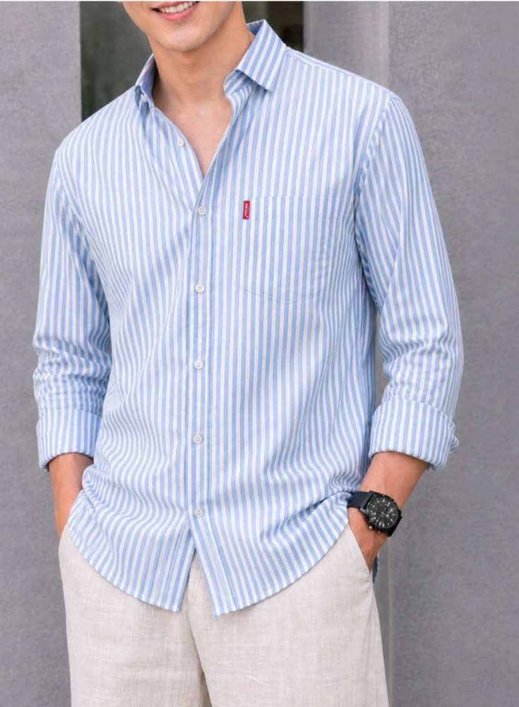 Men's Light Blue Striped Relaxed Casual Shirt