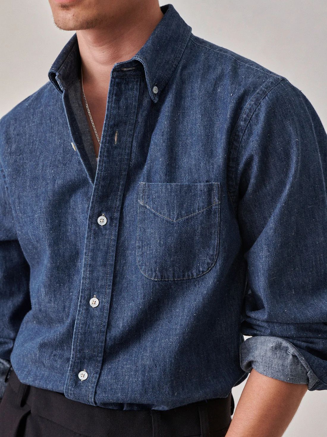 Men's Washed Indigo Denim Oxford Button-Down Shirt
