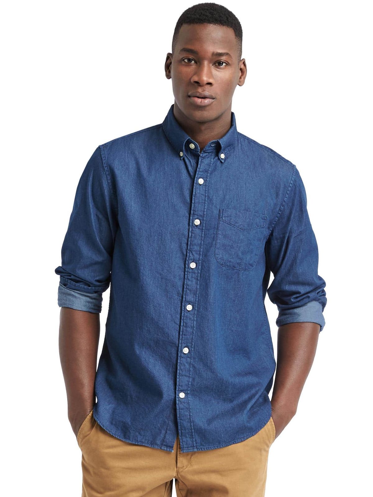 Men's Washed Indigo Denim Oxford Button-Down Shirt