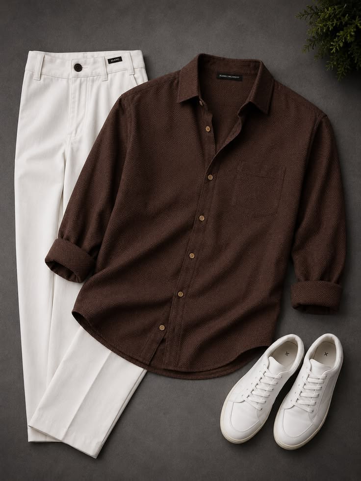 Men's Textured Chocolate Brown Casual Cotton Shirt