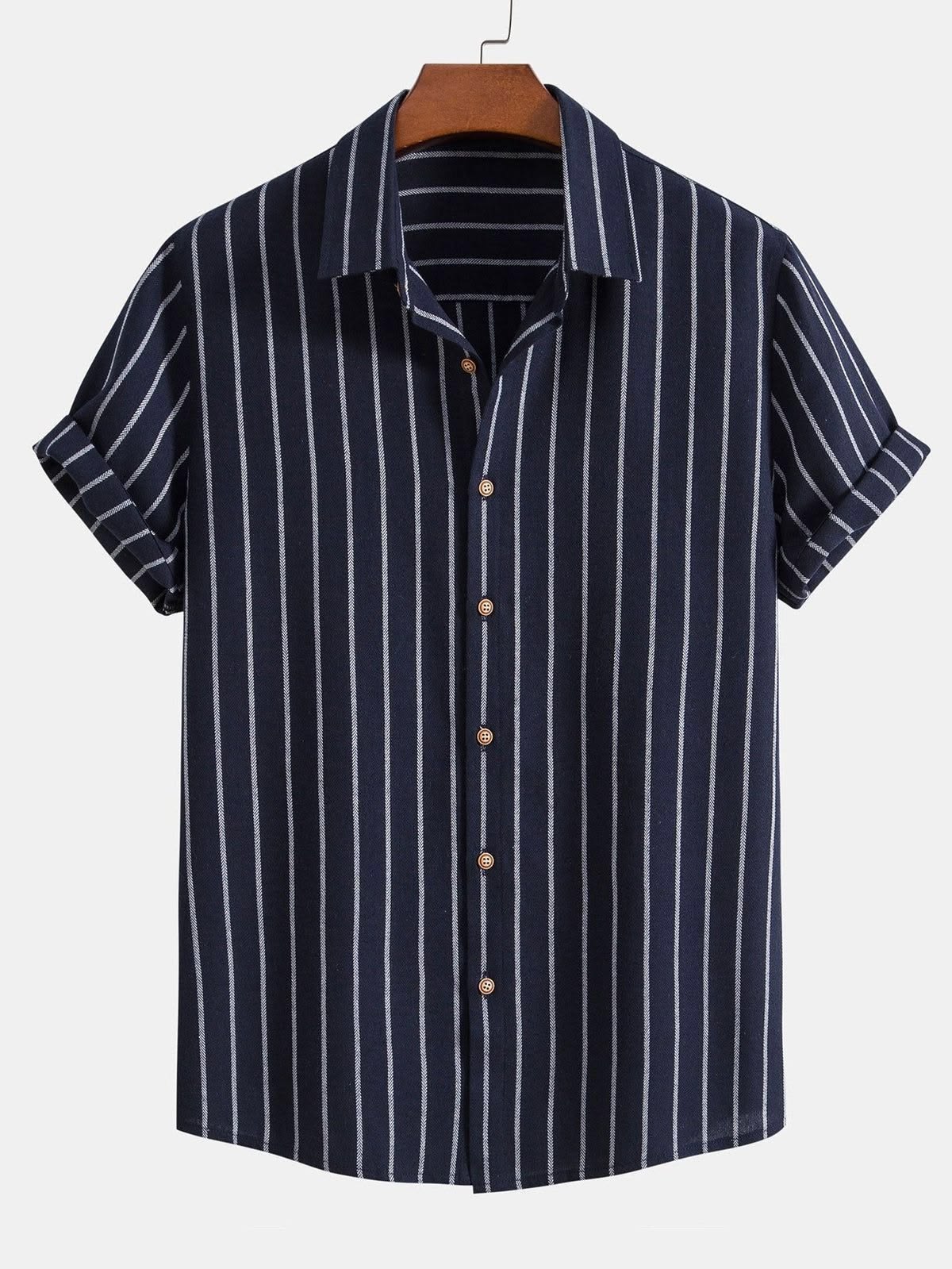 Men's Navy Blue & White Striped Cuban Collar Shirt