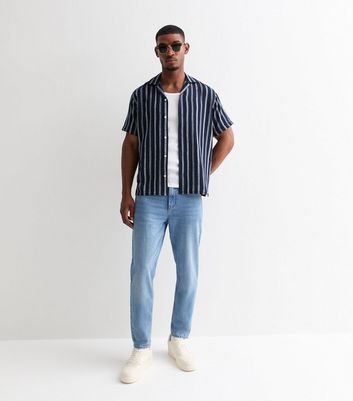 Men's Navy Blue & White Striped Cuban Collar Shirt