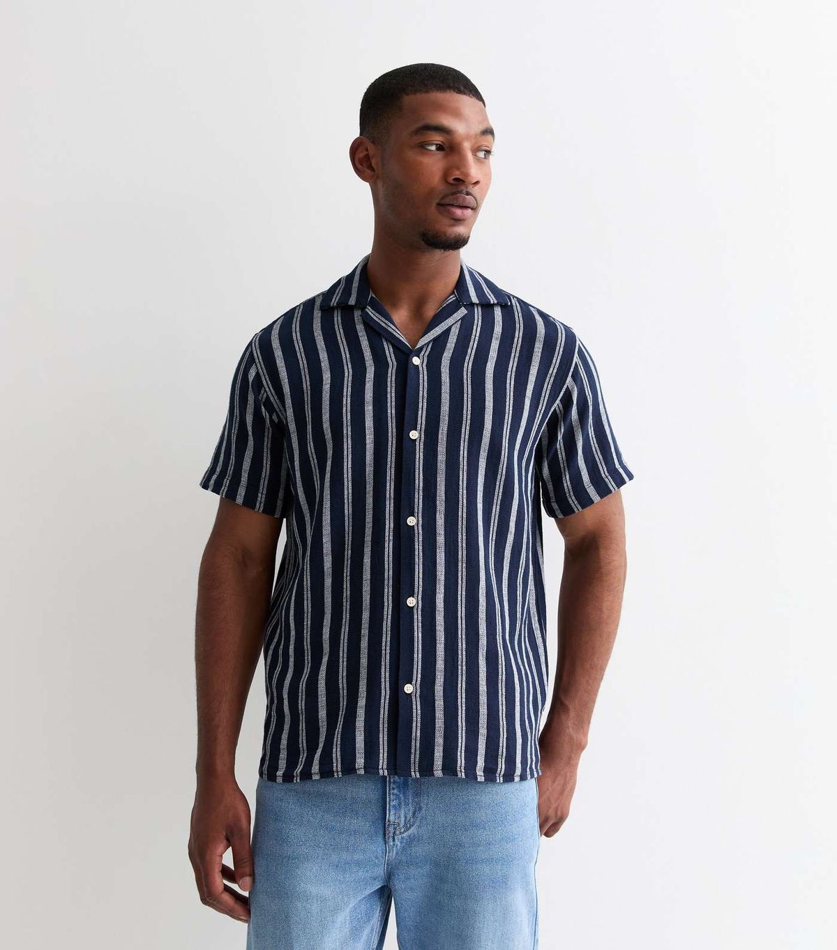 Men's Navy Blue & White Striped Cuban Collar Shirt