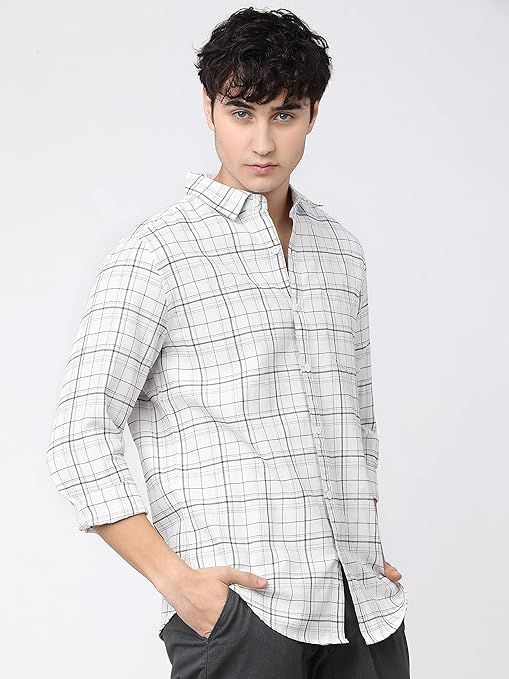 Men's White Windowpane Check Oxford Casual Shirt