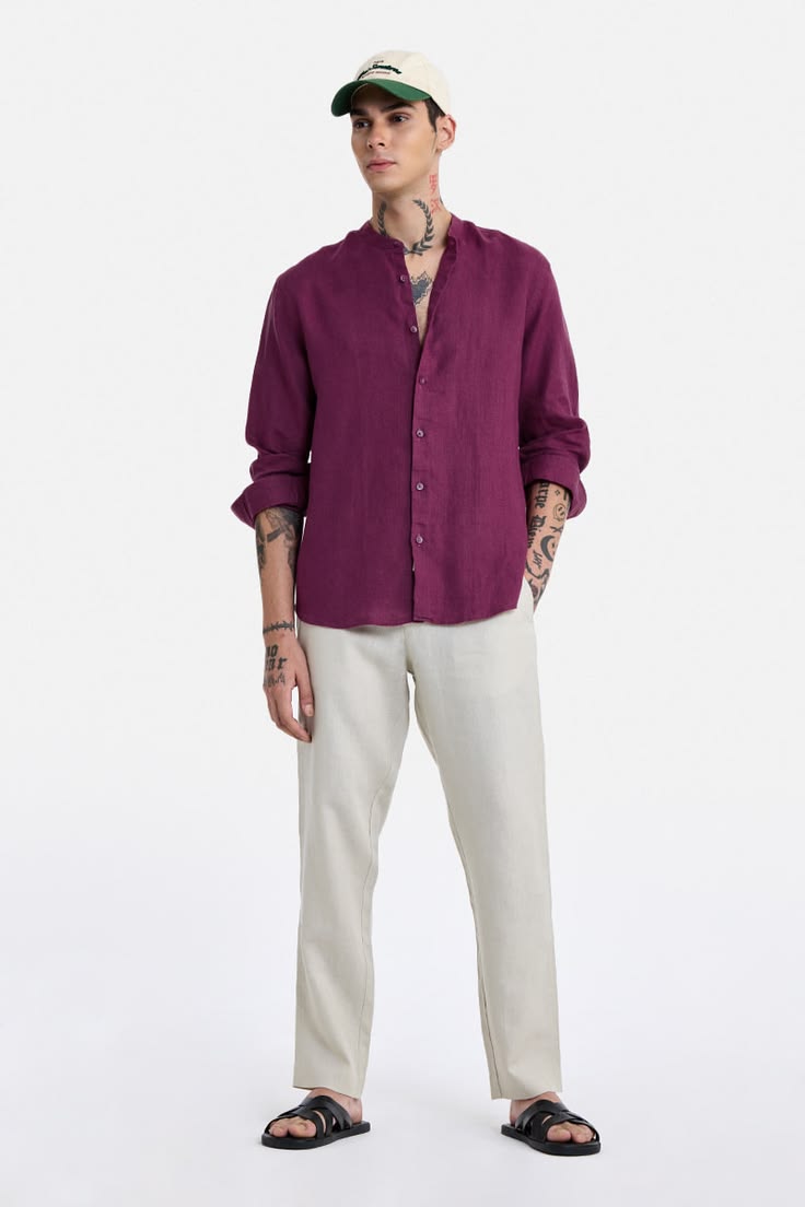 Men's Deep Plum Purple Pure Linen Casual Shirt