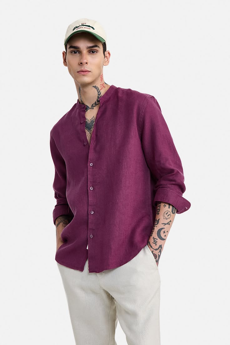 Men's Deep Plum Purple Pure Linen Casual Shirt