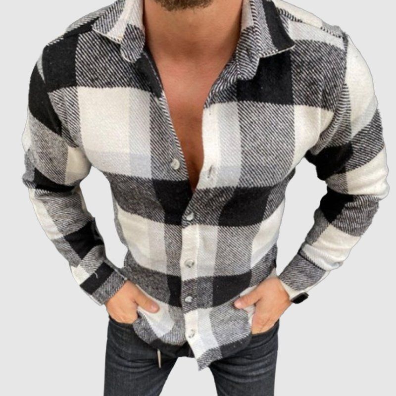 Men's Black & White Plaid Flannel Casual Shirt