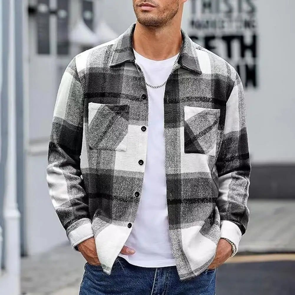 Men's Black & White Plaid Flannel Casual Shirt