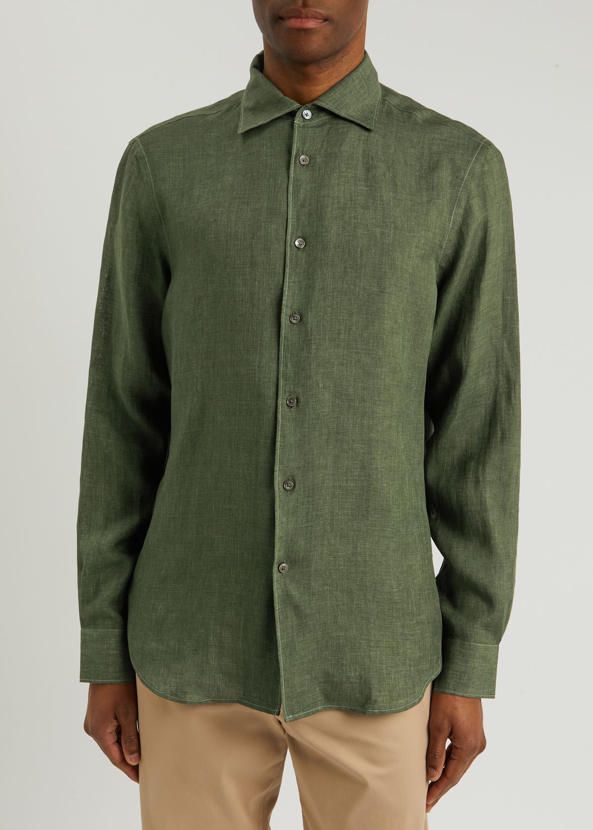 Men's Olive Green Washed Linen-Cotton Shirt