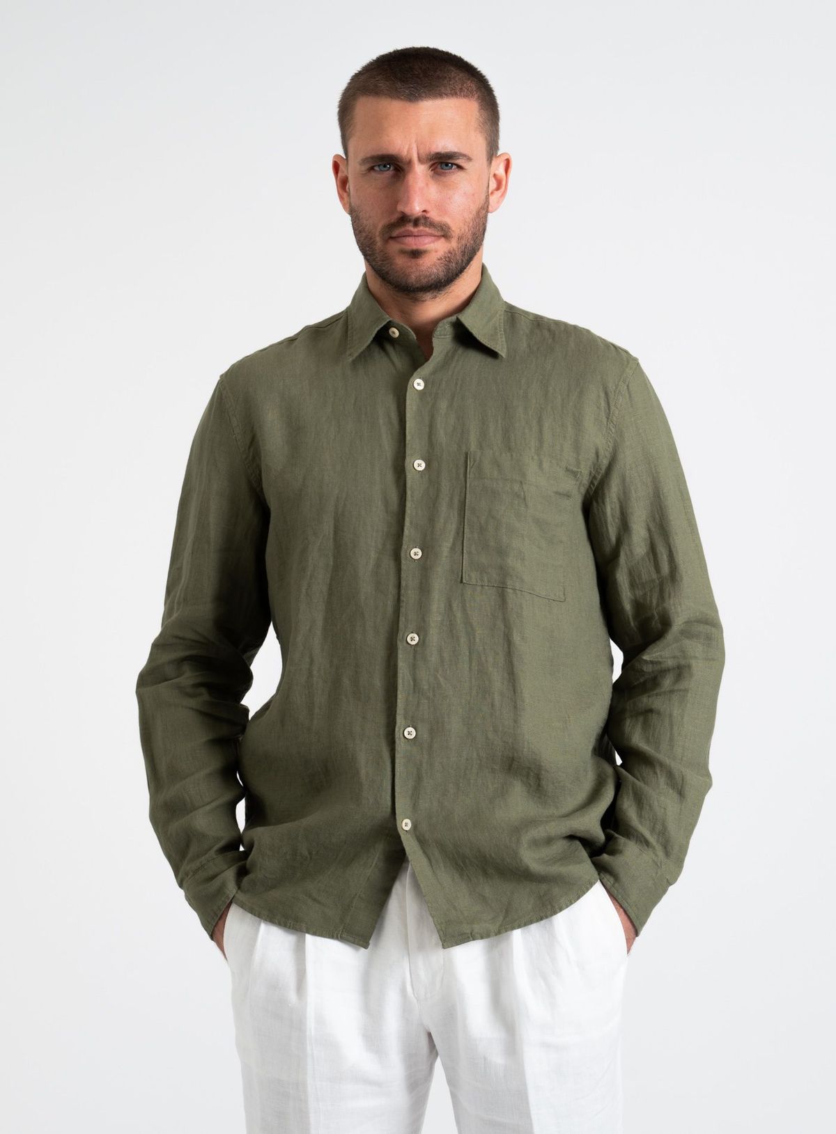 Men's Olive Green Washed Linen-Cotton Shirt